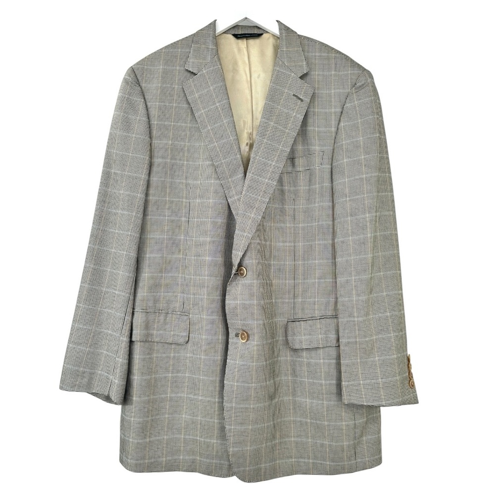 SAMUELSOHN Tall & Long Gray Houndstooth Plaid Wool Silk Blazer Suit Jacket sz 46